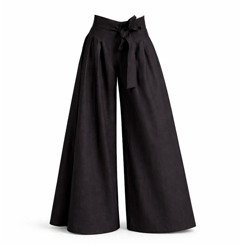 Wrap Around Wide Leg Linen Pants With Front Tie In Black | Nikka