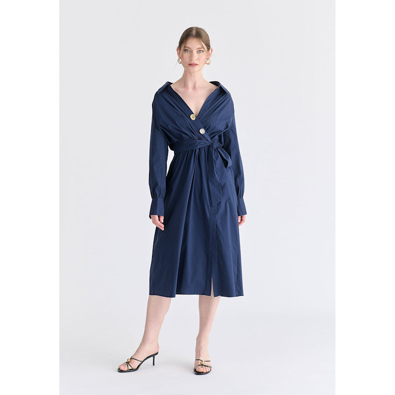 Thumbnail of Wrap Midi Shirt Dress With Metallic Button Details In Navy image