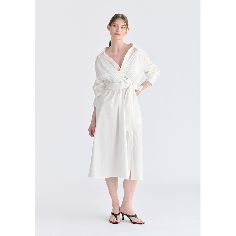 Thumbnail of Wrap Midi Shirt Dress With Metallic Button Details In White image