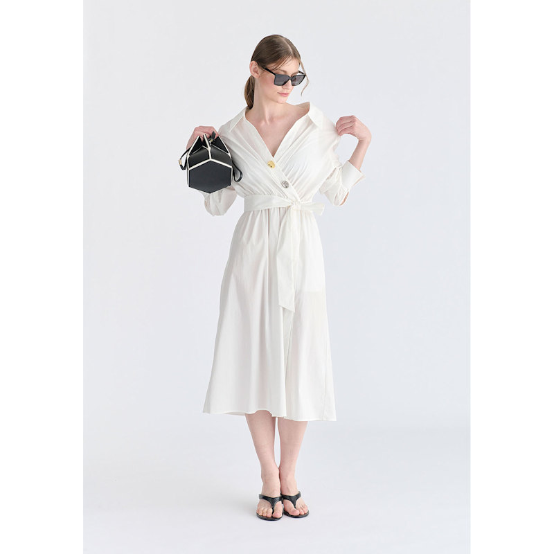 Thumbnail of Wrap Midi Shirt Dress With Metallic Button Details In White image