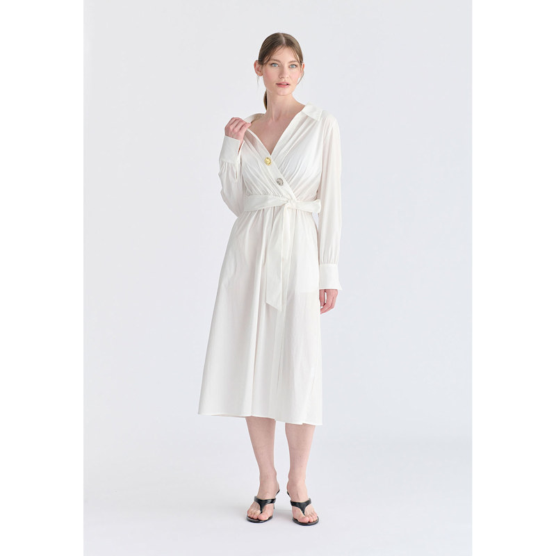 Thumbnail of Wrap Midi Shirt Dress With Metallic Button Details In White image