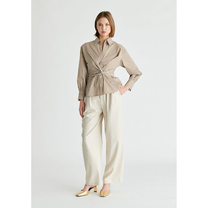 Thumbnail of Wrap Tie Waist Shirt In Khaki Stripes image