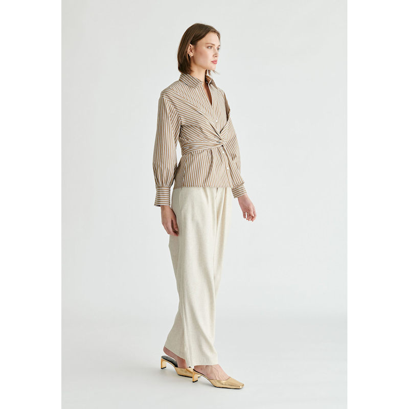 Thumbnail of Wrap Tie Waist Shirt In Khaki Stripes image