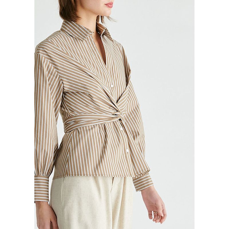 Thumbnail of Wrap Tie Waist Shirt In Khaki Stripes image