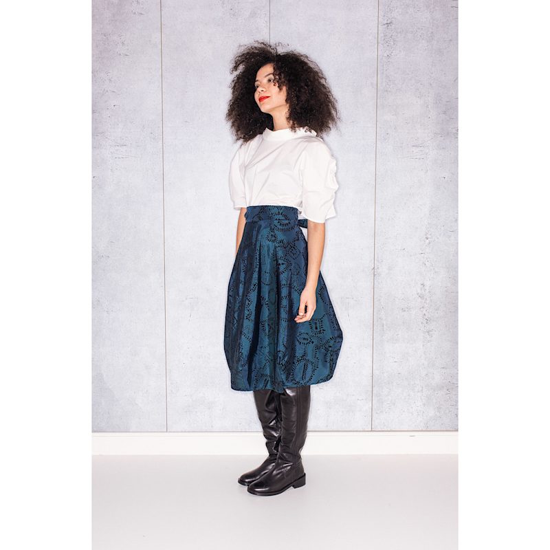 Thumbnail of Wrapped Skirt In Teal Taffeta With Black Flowers image