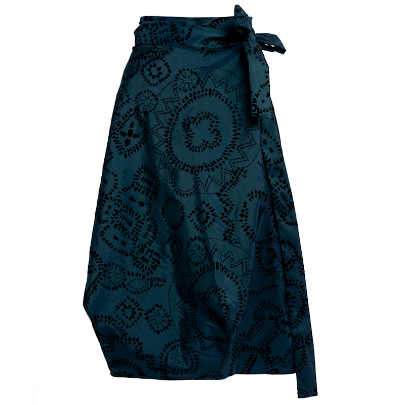 Thumbnail of Wrapped Skirt In Teal Taffeta With Black Flowers image