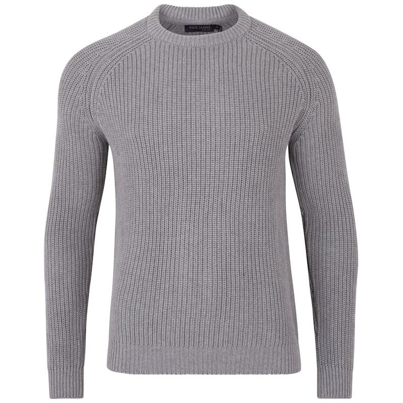 Mens Cotton Clark Fisherman Rib Knit Jumper Ash Grey by Paul James  Knitwear - Main Image