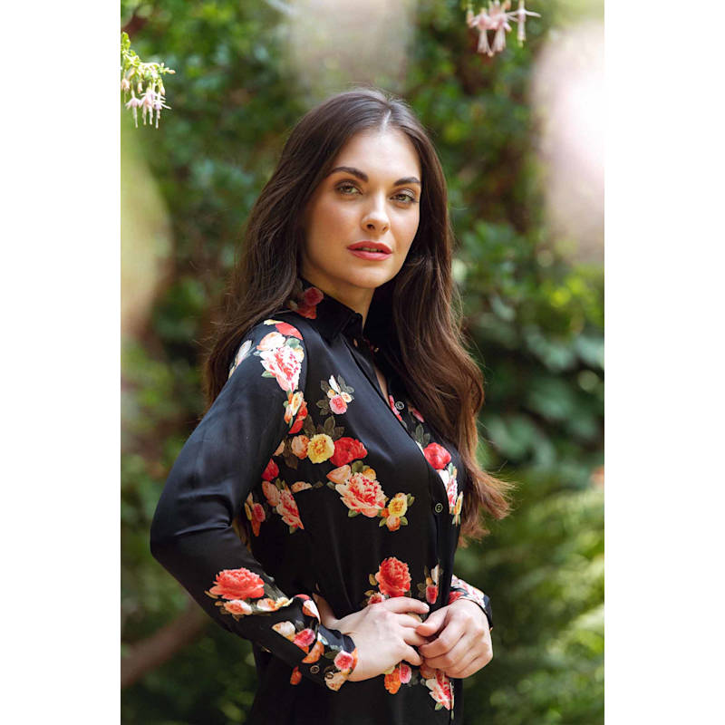 Thumbnail of Black Peony Silk Midi Dress image