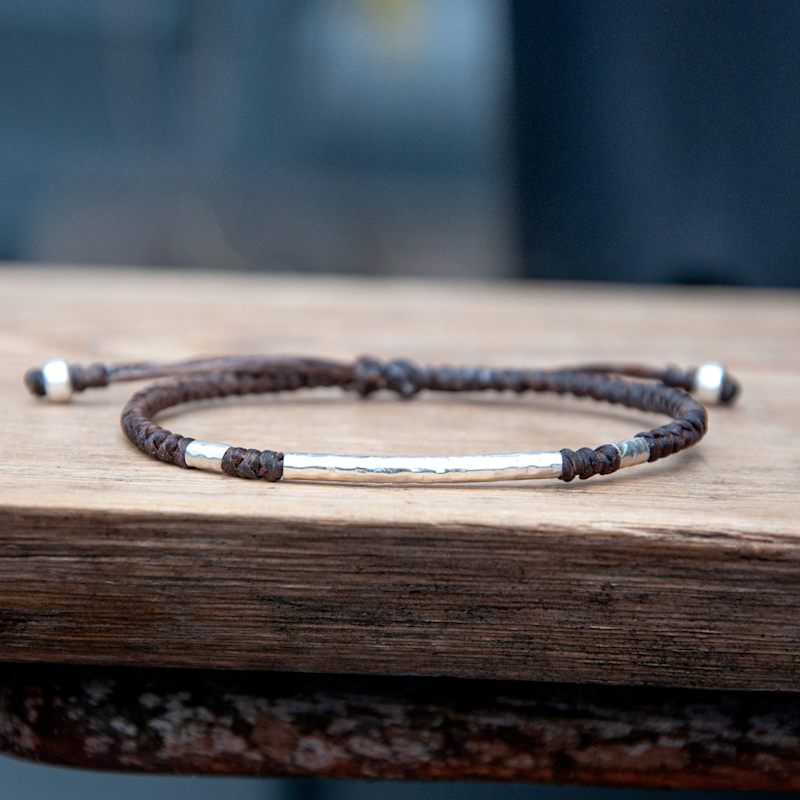 Thumbnail of Brown Rounded Viking-Style Men Bracelet - Hammered Silver With Knots - Brown image