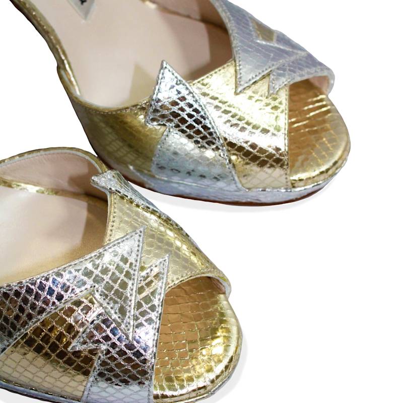Thumbnail of Zia Mid Gold Silver Platform Block Heels image