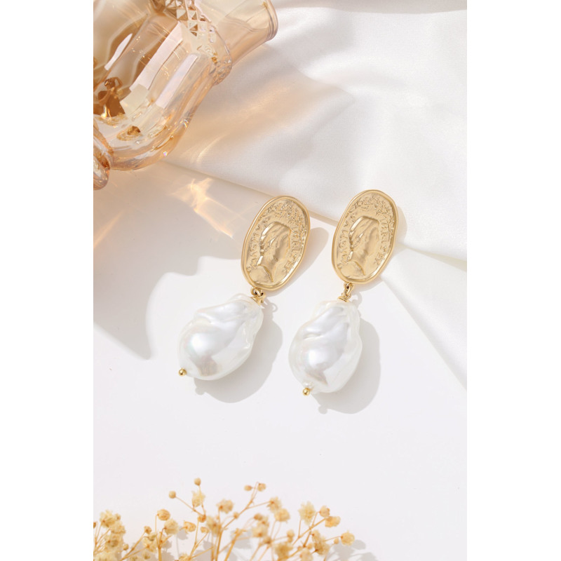 Thumbnail of Matted Gold Sculpted Oversized Baroque Pearl Drop Earrings image