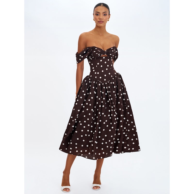 polka dot off the shoulder dress Lucy Paris - Catarina flare look that is comfortable for ceremonies and receptions alike Xandie Mocha Polka Dot Off-Shoulder