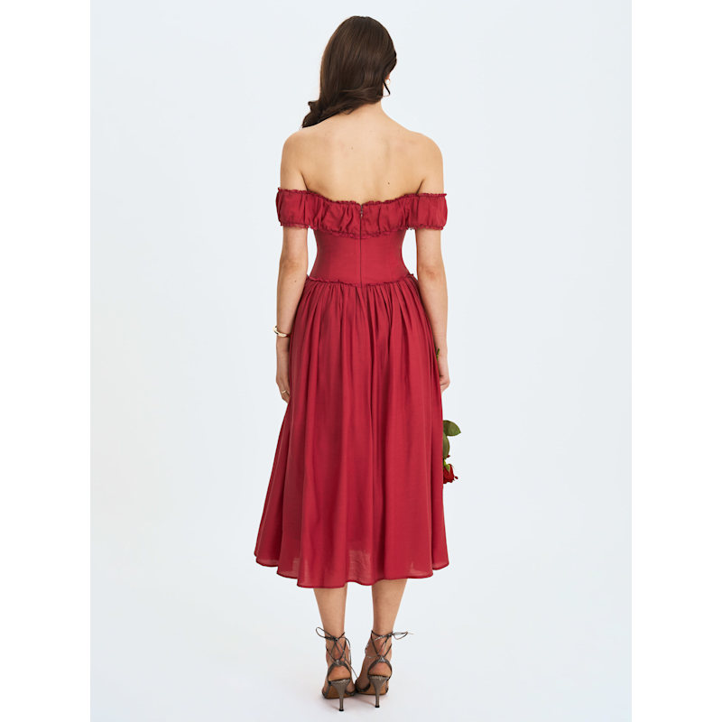 Thumbnail of Xavy Crimson Off-Shoulder Corset Midi Dress image