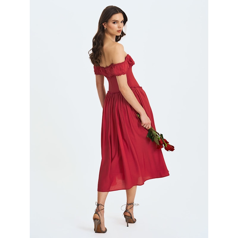 Thumbnail of Xavy Crimson Off-Shoulder Corset Midi Dress image