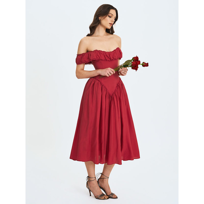 Thumbnail of Xavy Crimson Off-Shoulder Corset Midi Dress image