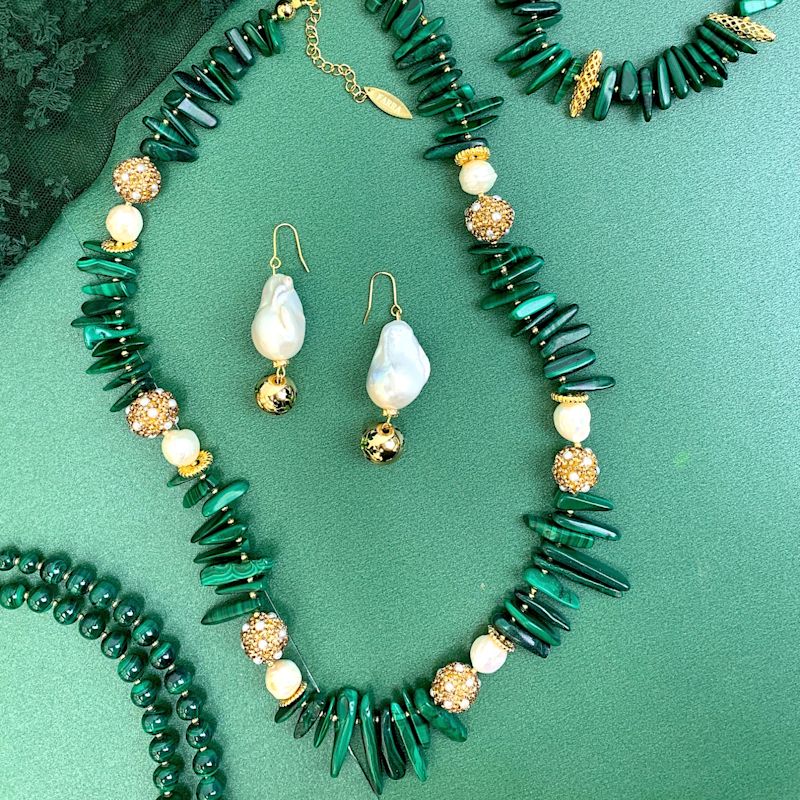 Thumbnail of Stick Shaped Malachite With Pearl Rhinestone Statement Necklace image