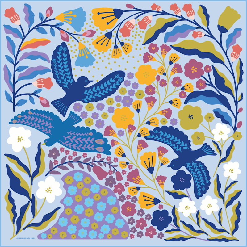 Thumbnail of Double Sided Silk Scarf Of Blue Birds image