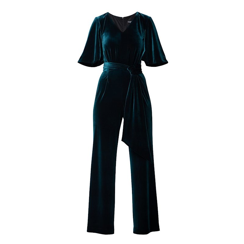 Thumbnail of Layla Velvet Jumpsuit With Bell Sleeves & Sash In Emerald Green image