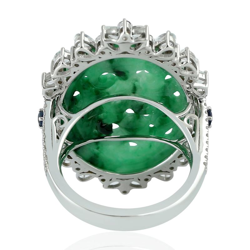 Thumbnail of 18K White Gold Carved Jade, Sapphire and Diamond Halo Ring image
