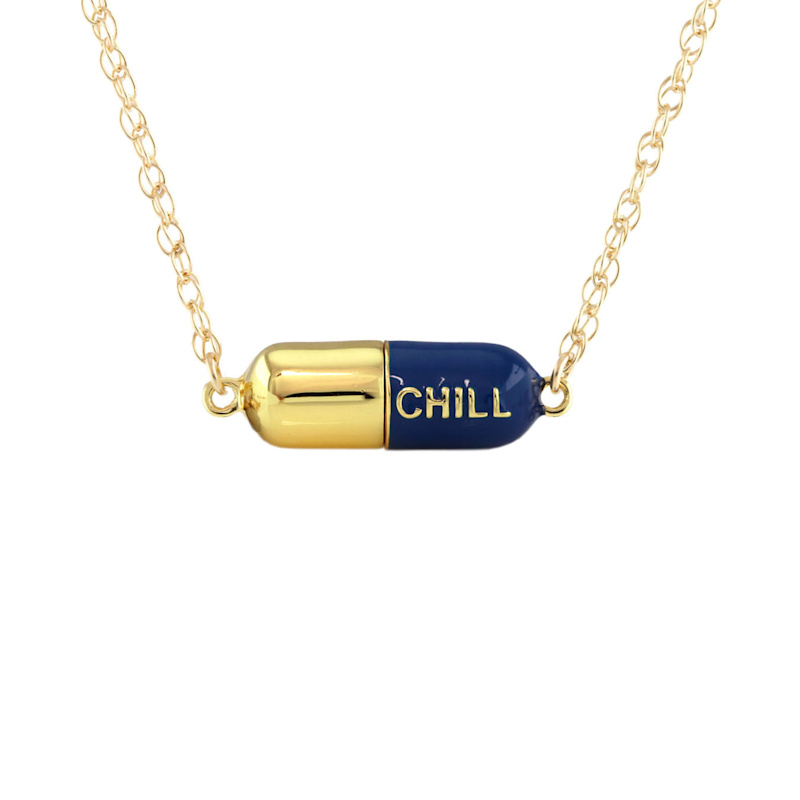 Thumbnail of Big Chill Pill Chain Necklace Navy Blue & Gold Filled image