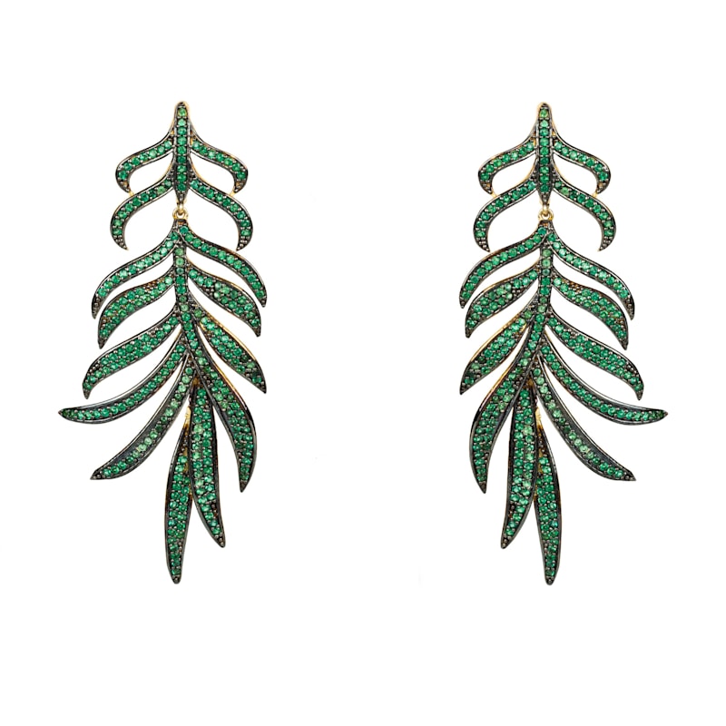 Thumbnail of Feathered Leaf Statement Drop Earrings Green Cz image