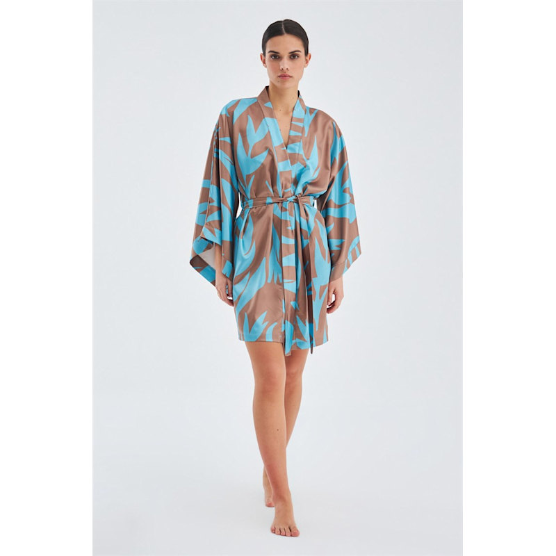Thumbnail of Kalinda Satin Short Kimono - Turquoise/Brown image
