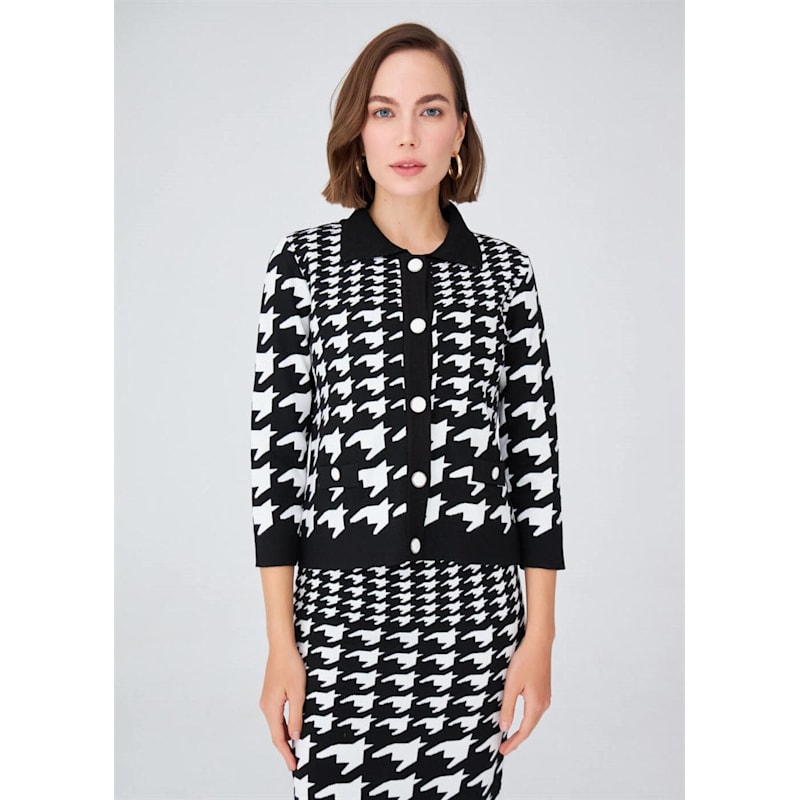 Thumbnail of Houndstooth Patterned Knitwear Short Jacket - Black/Ecru image