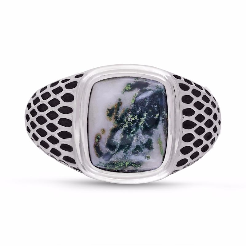 Tree Agate Stone Signet Ring In Black Rhodium Plated Sterling Silver by LMJ