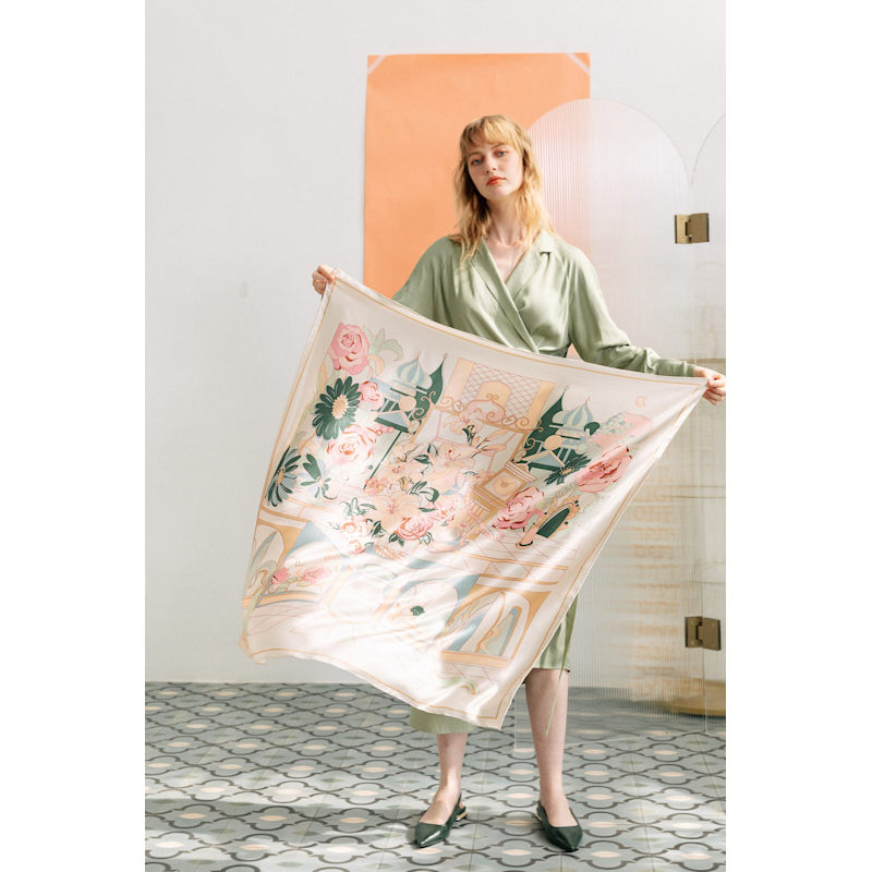Thumbnail of "Vintage Blooms" Large Silk Scarf - Champagne image