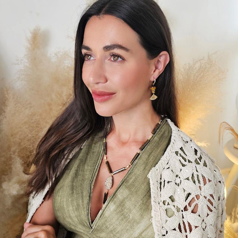 Thumbnail of Y Shaped Tiger-Eye Stone With Rhinestone Tassel Lariat Necklace image