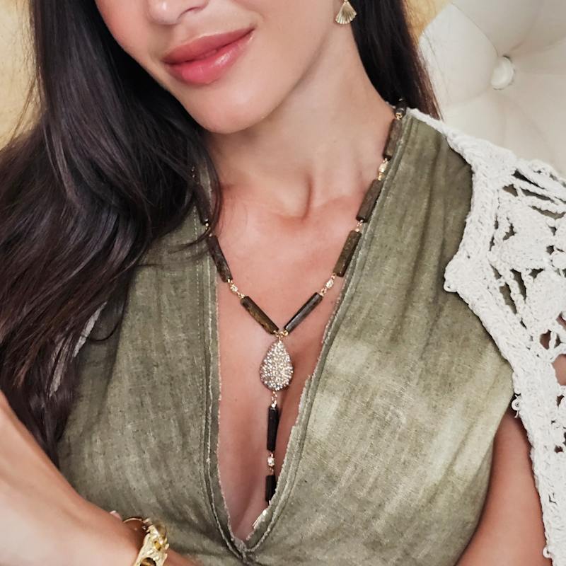 Thumbnail of Y Shaped Tiger-Eye Stone With Rhinestone Tassel Lariat Necklace image