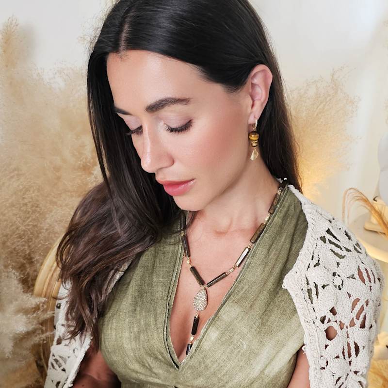 Thumbnail of Y Shaped Tiger-Eye Stone With Rhinestone Tassel Lariat Necklace image