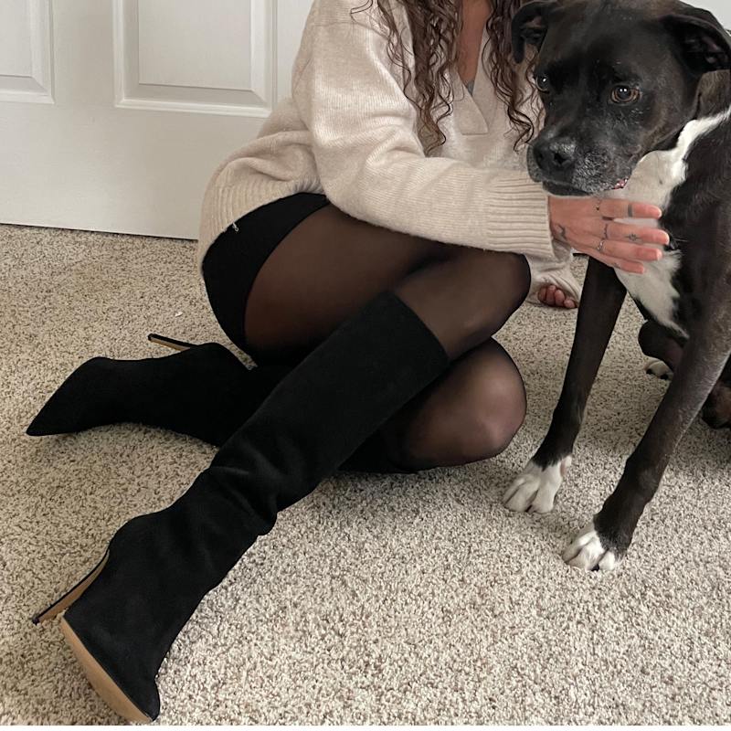 Thumbnail of Yara Black Sexy Knee-High Stiletto Suede Valentine Boot image