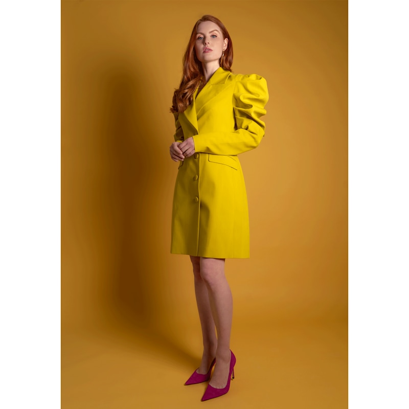 Thumbnail of Draped Sleeved Tailored Blazer Dress - Lime Yellow image