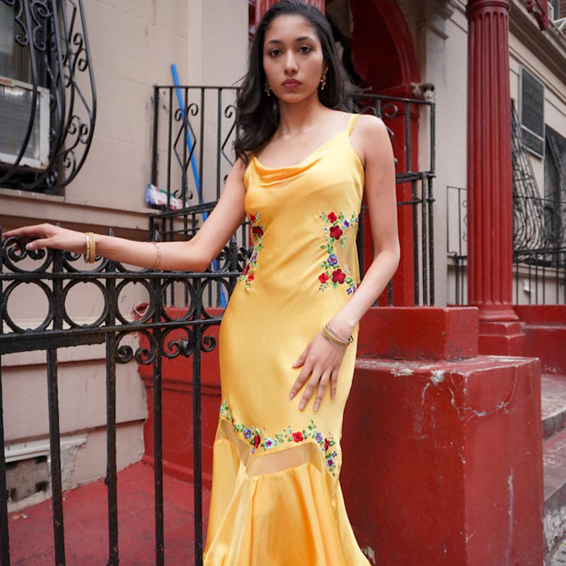 Thumbnail of Yellow Cutout Slip Dress – Embroidered Midi With Draping & Lace Detail image