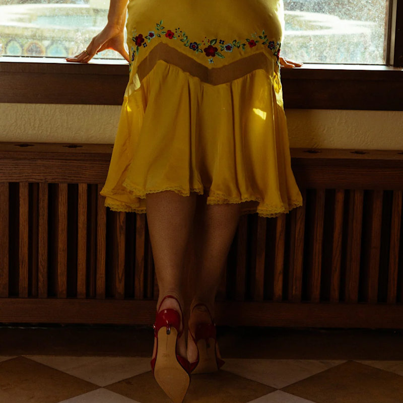Thumbnail of Yellow Cutout Slip Dress – Embroidered Midi With Draping & Lace Detail image