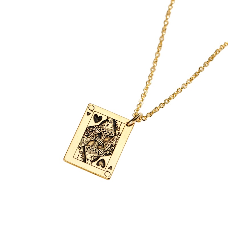 Yellow Gold Plated Queen Of Hearts Playing Card Charm Necklace