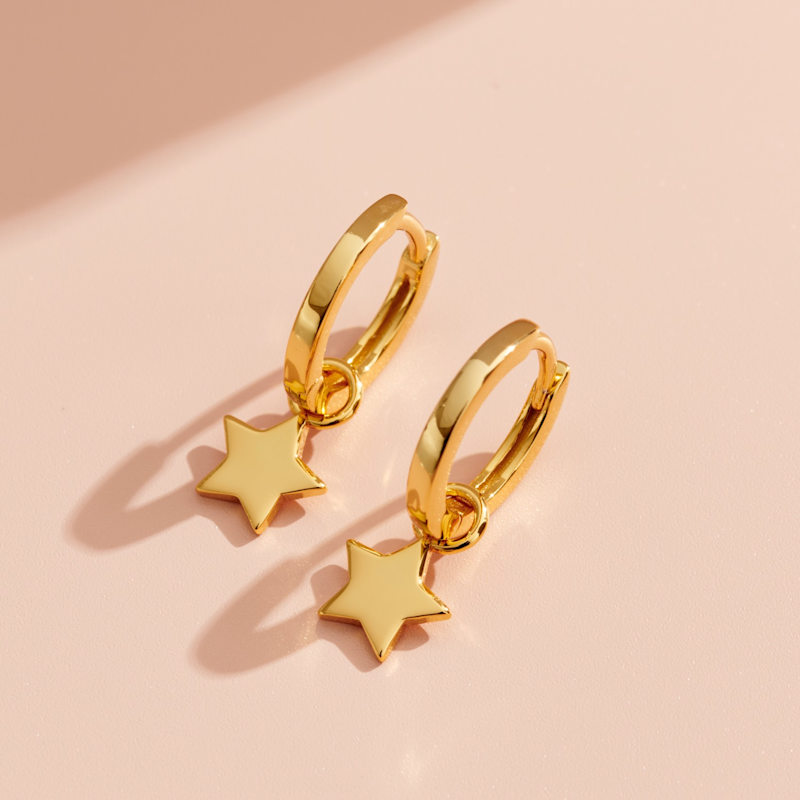 Thumbnail of Yellow Gold Plated Star Charm Huggie Hoop Earrings image