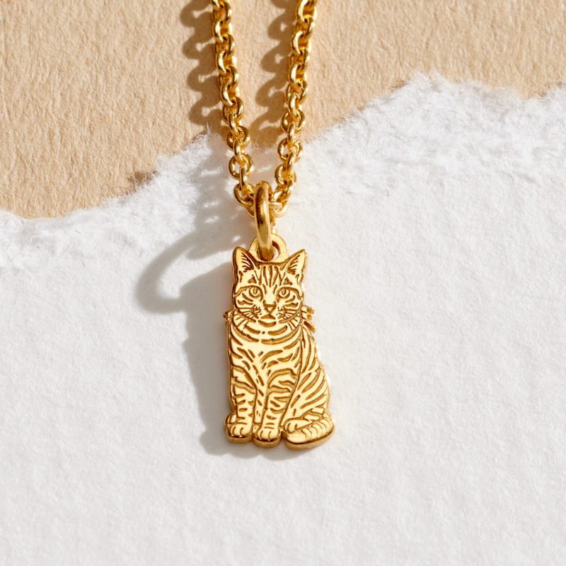 Yellow Gold Plated Tabby Cat Dinky Charm Necklace | Posh Totty