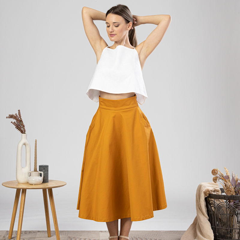 Thumbnail of Flared Midi Cotton Skirt With High Waist & Pockets In Deep Yellow image
