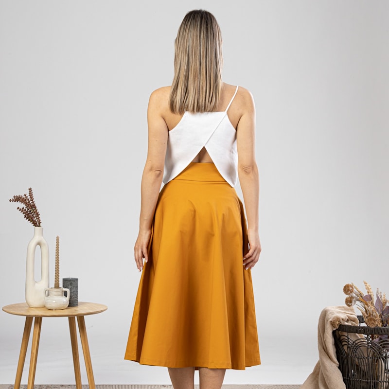 Thumbnail of Flared Midi Cotton Skirt With High Waist & Pockets In Deep Yellow image