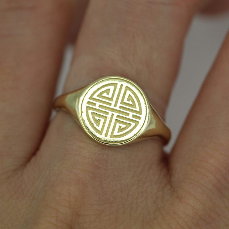 Thumbnail of Long Healthy Life Pattern Signet Ring For Men By Handcrafts - Yellow Solid Gold image
