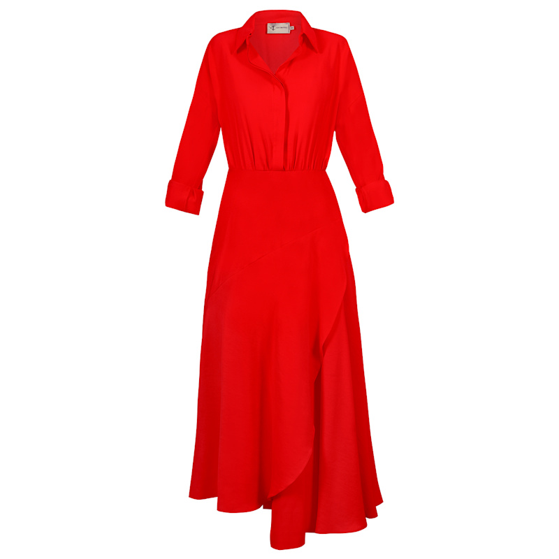 Thumbnail of Yemen Red Midi Shirt-Style Viscose Dress With Asymmetric Skirt And Long Sleeves Yemen image