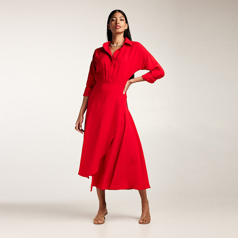 Thumbnail of Yemen Red Midi Shirt-Style Viscose Dress With Asymmetric Skirt And Long Sleeves Yemen image