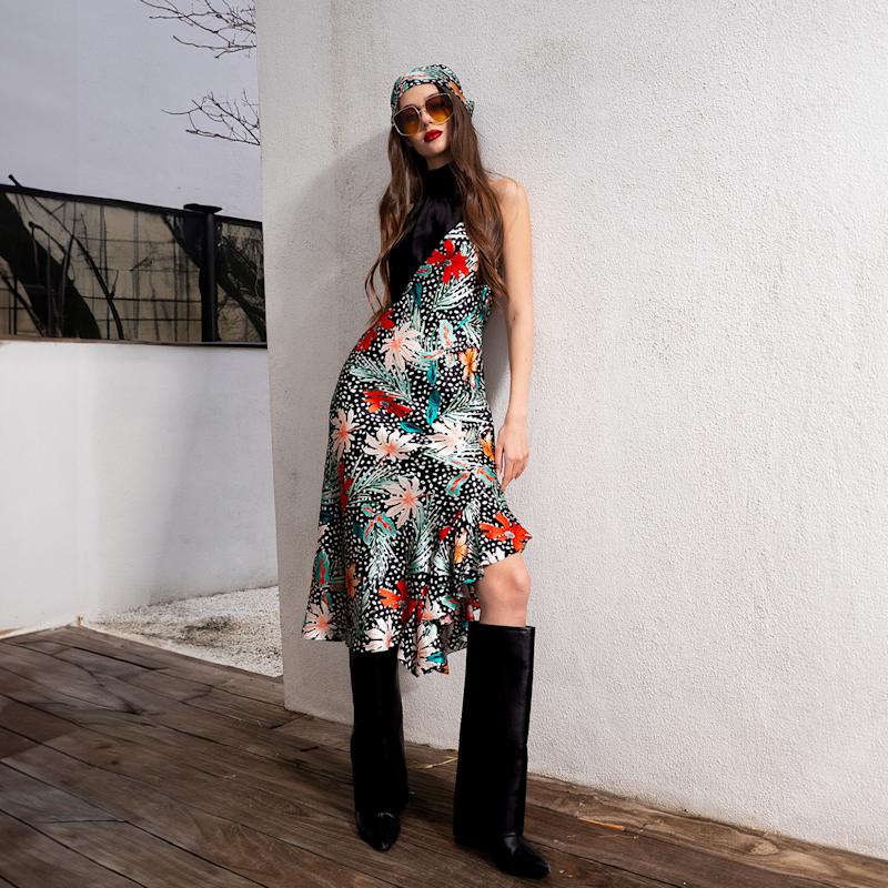 Thumbnail of Yera Sleevless Floral Printed Silk Midi Dress With Contrasting Gathered Mock Neck And Stylized Side Ruffle Slit image