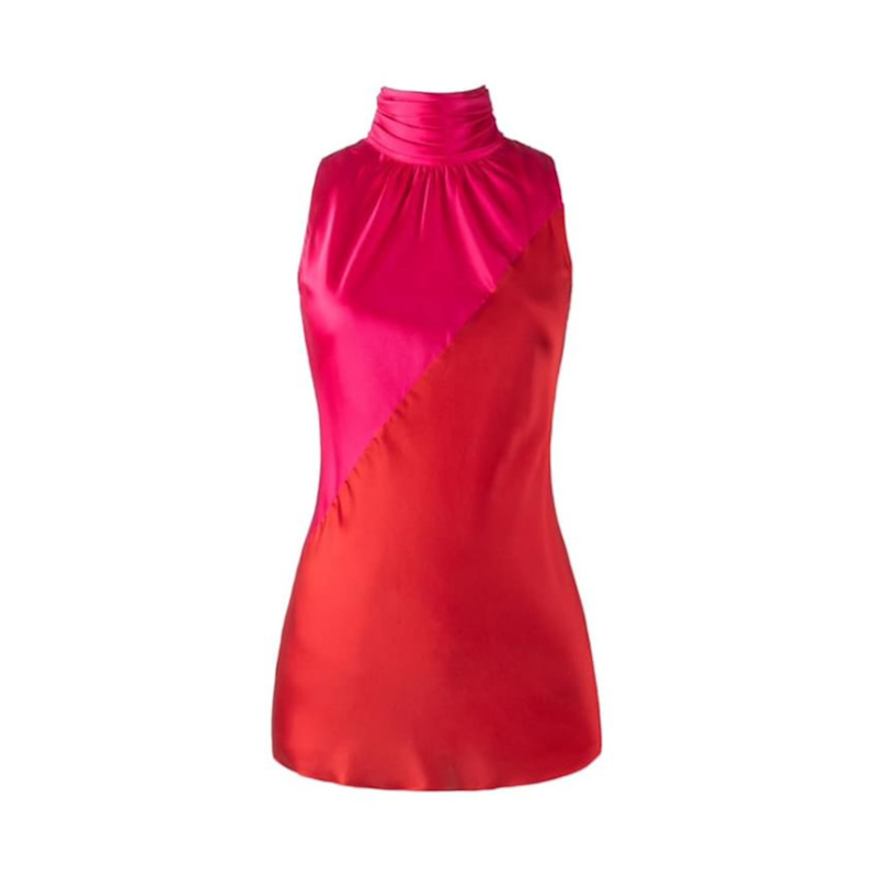 Thumbnail of Yera Sleeveless Color Block Silk Charmeuse Top In Red Rose And Lipstick Red With Gathered Mock Neck image