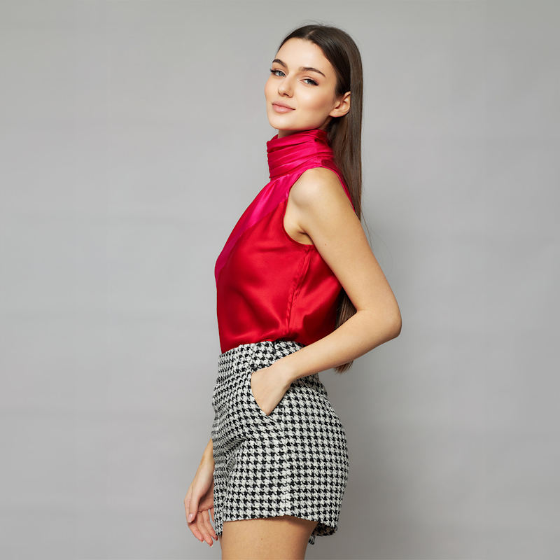Thumbnail of Yera Sleeveless Color Block Silk Charmeuse Top In Red Rose And Lipstick Red With Gathered Mock Neck image