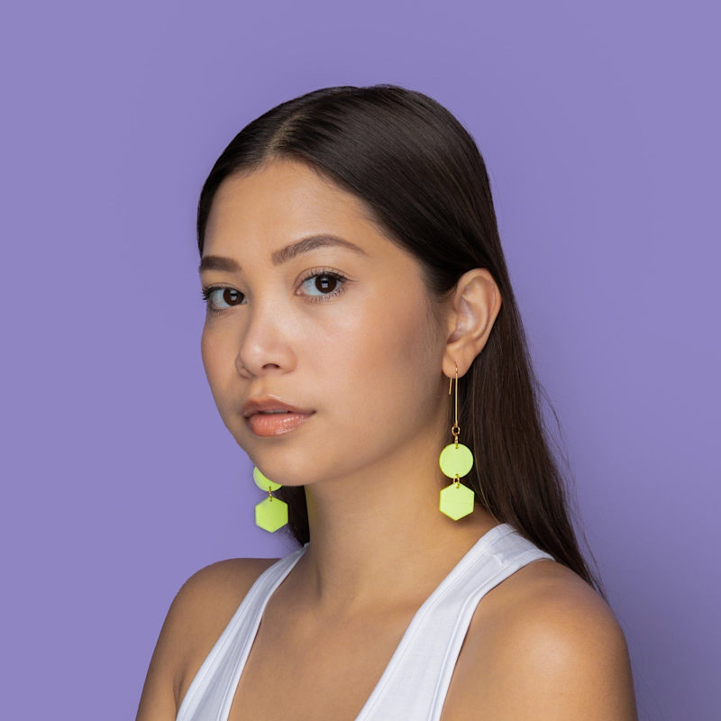Thumbnail of Belle Geometric Dangly Earrings In Neon Yellow image