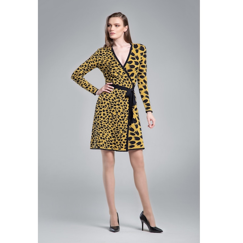Thumbnail of Savannah Jacquard-Knit Wrap Dress With Animal Pattern In Yellow image