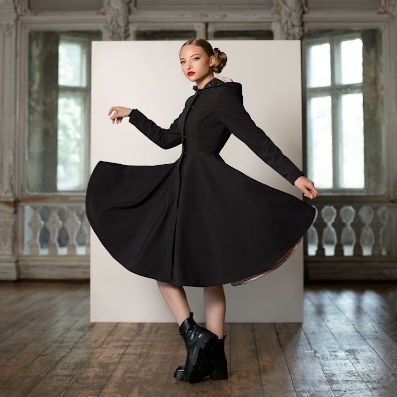 Fitted & Flared Black Waterproof Coat With Hood: Midnight